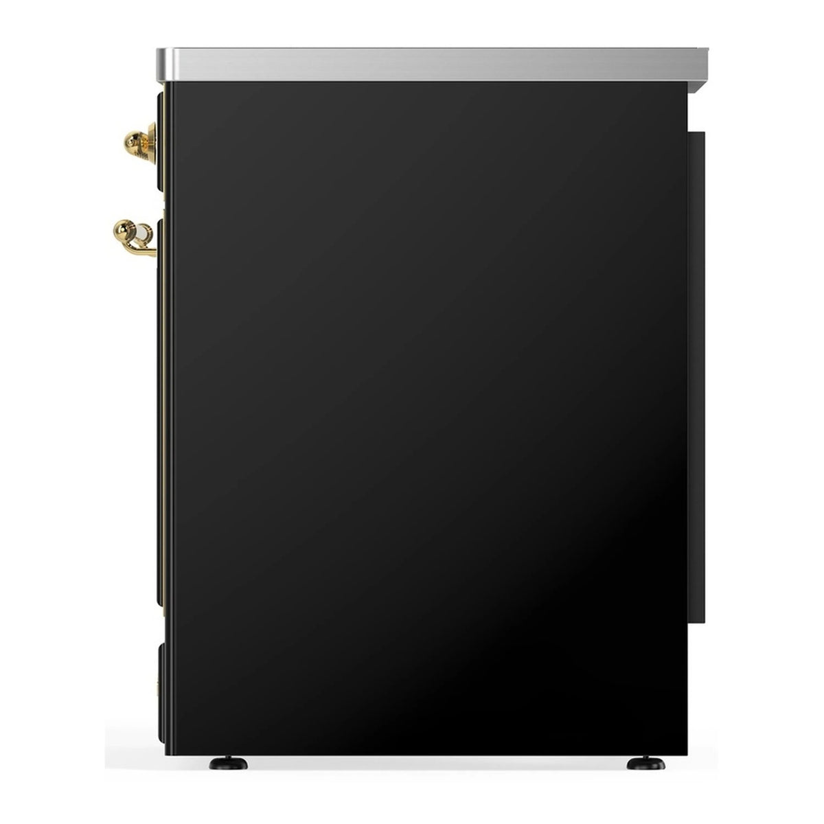 Glossy black range side panel with brass handle and stainless top trim