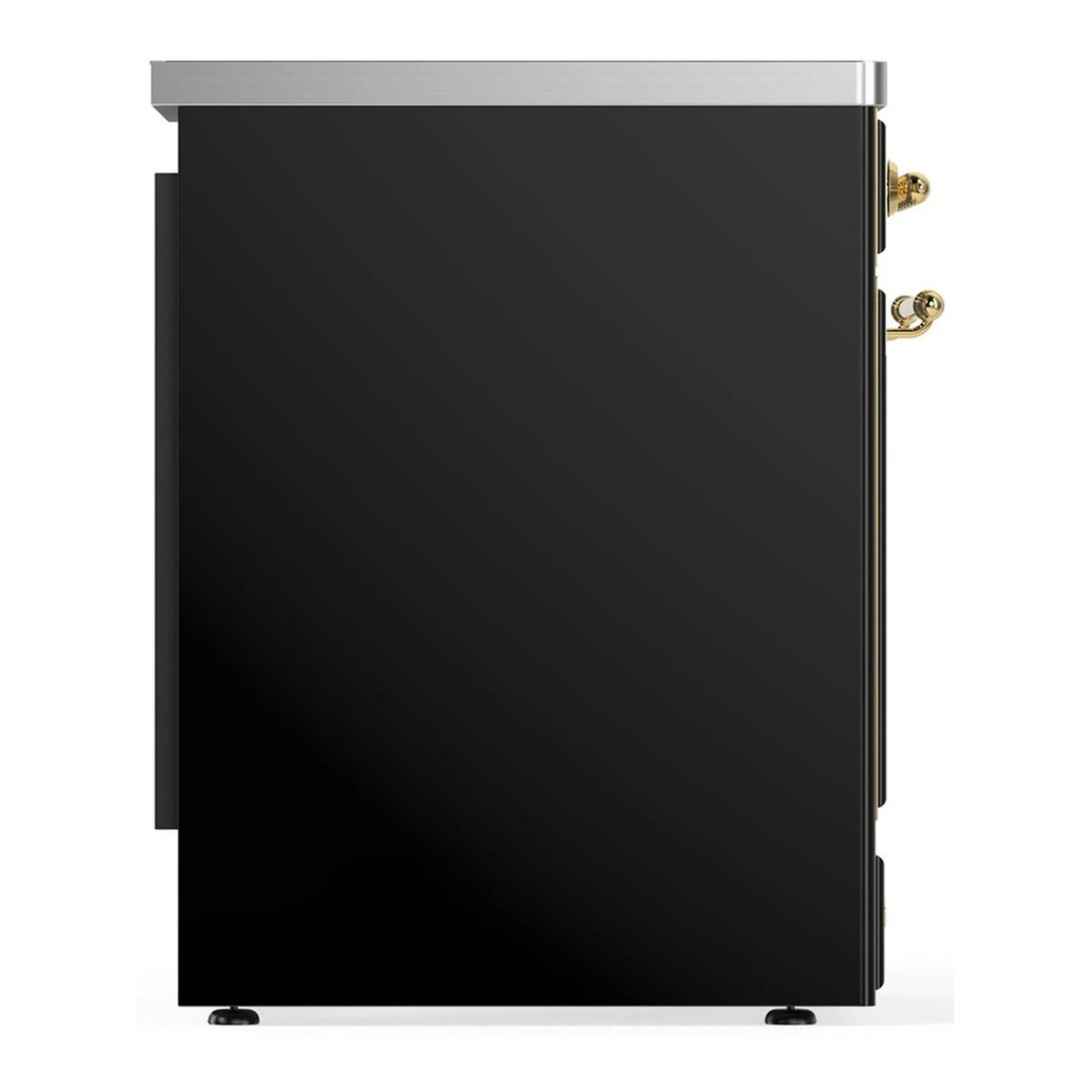 Glossy black induction range side view with brass handle details and stainless top trim