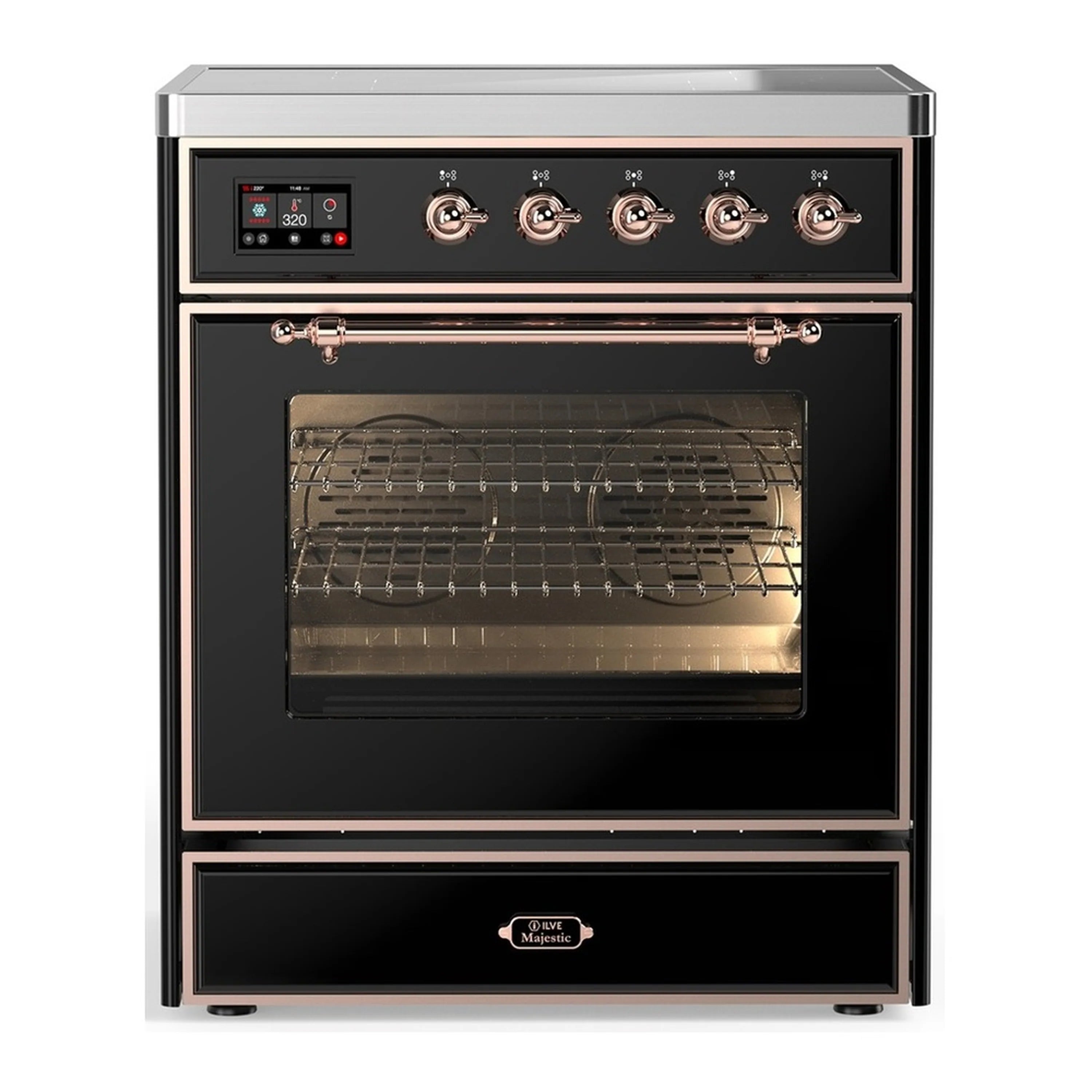 Glossy black induction range with open triple-glass oven door, copper controls and knobs