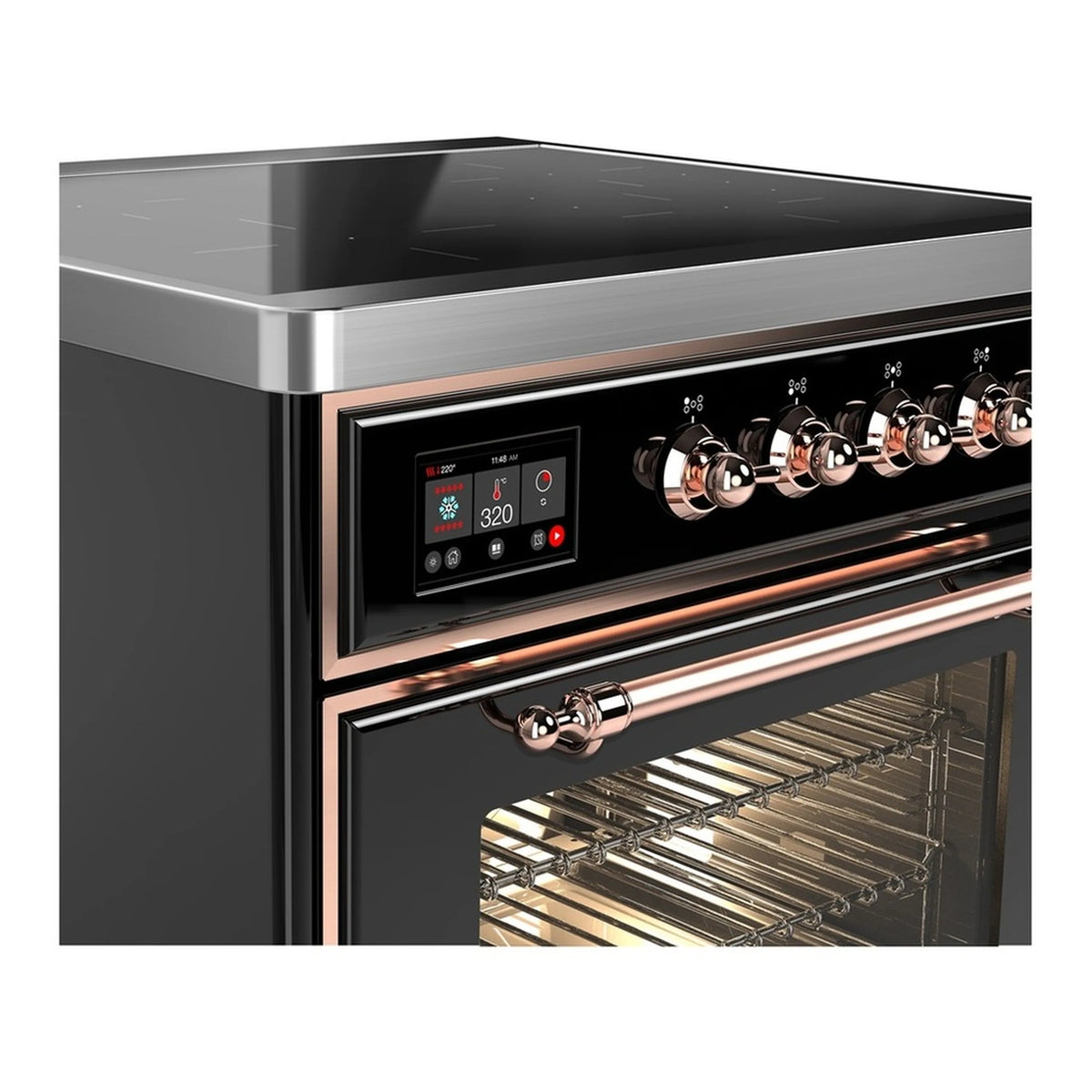 Glossy black induction range control panel with copper-trimmed knobs and oven window