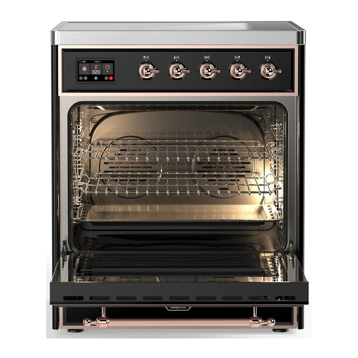 Glossy black oven with wire racks inside, triple-glass door open and copper handle