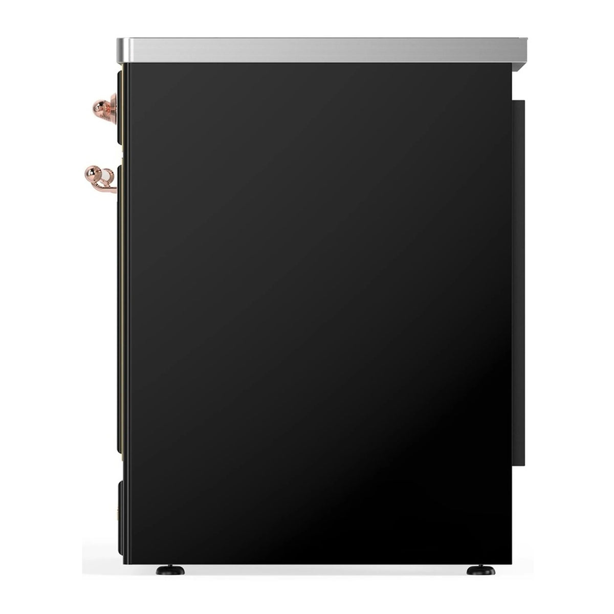 Glossy black induction range side view with copper trim details and stainless top