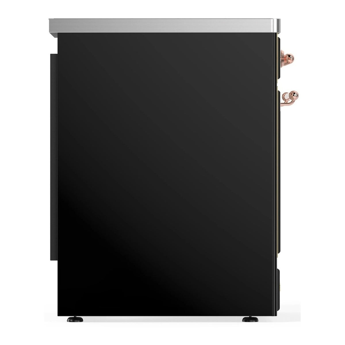 Glossy black induction range side panel with copper trim hardware and leveling feet