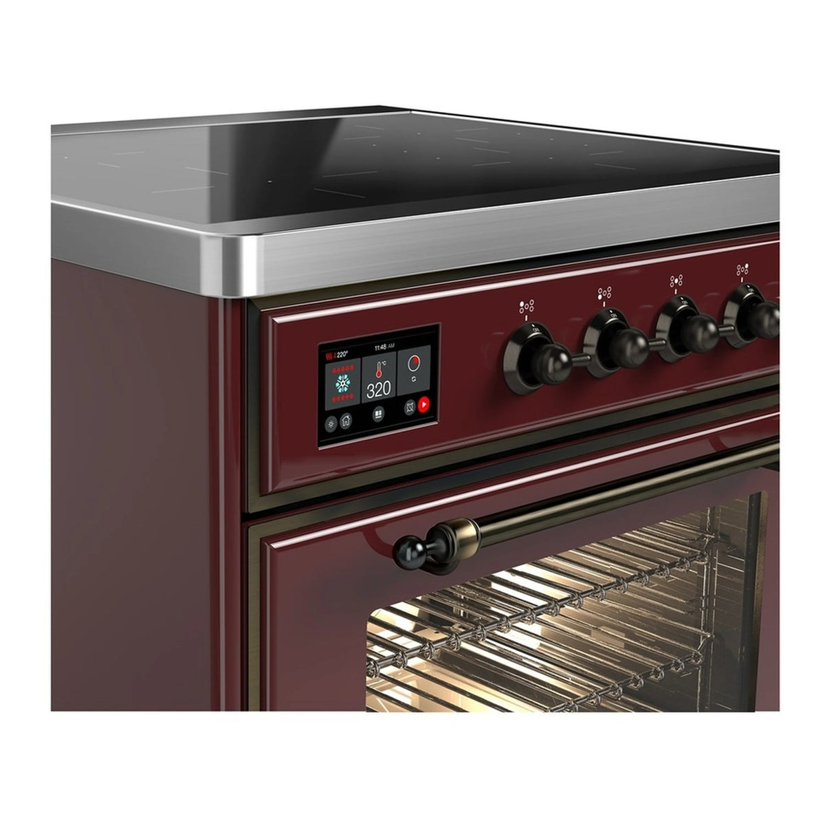 Burgundy induction range control panel with digital display and black burner knobs
