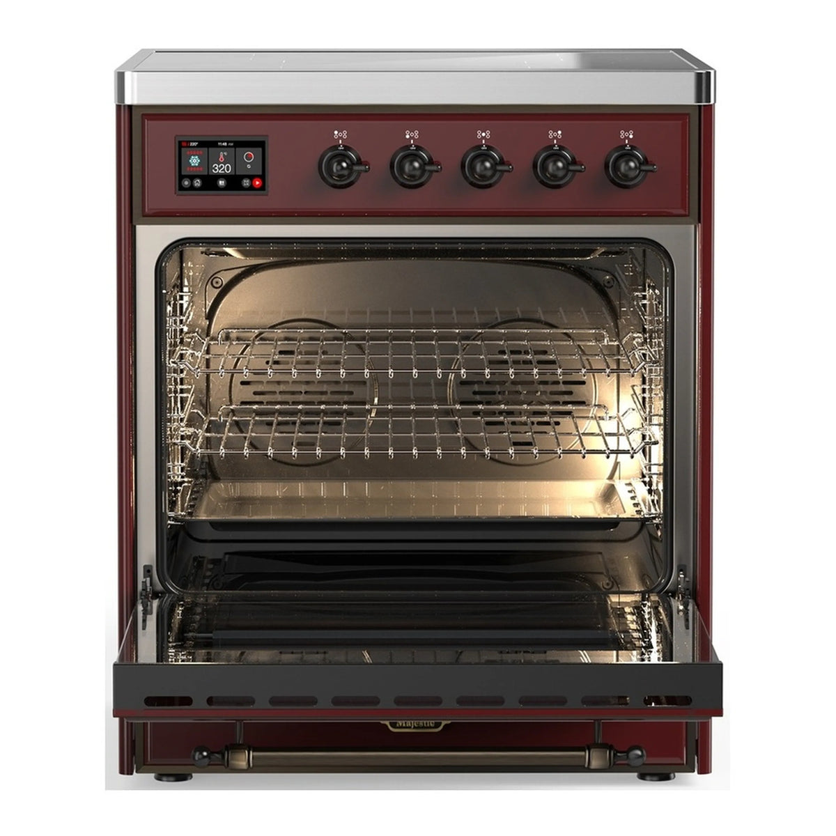 Burgundy electric oven with open triple-glass door and wire racks inside