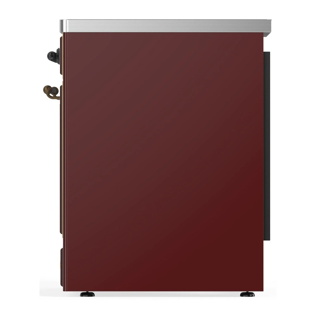 Burgundy oven range side view with stainless top and burner control hardware