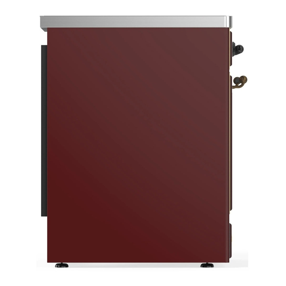 Burgundy oven range rear view with stainless top and side handle hardware