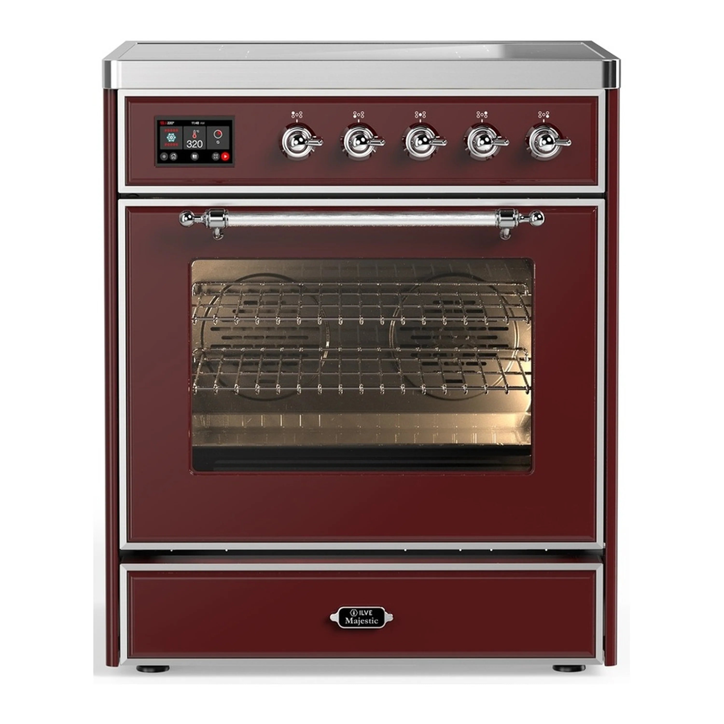 ILVE burgundy induction range with open triple-glass oven door and chrome trim