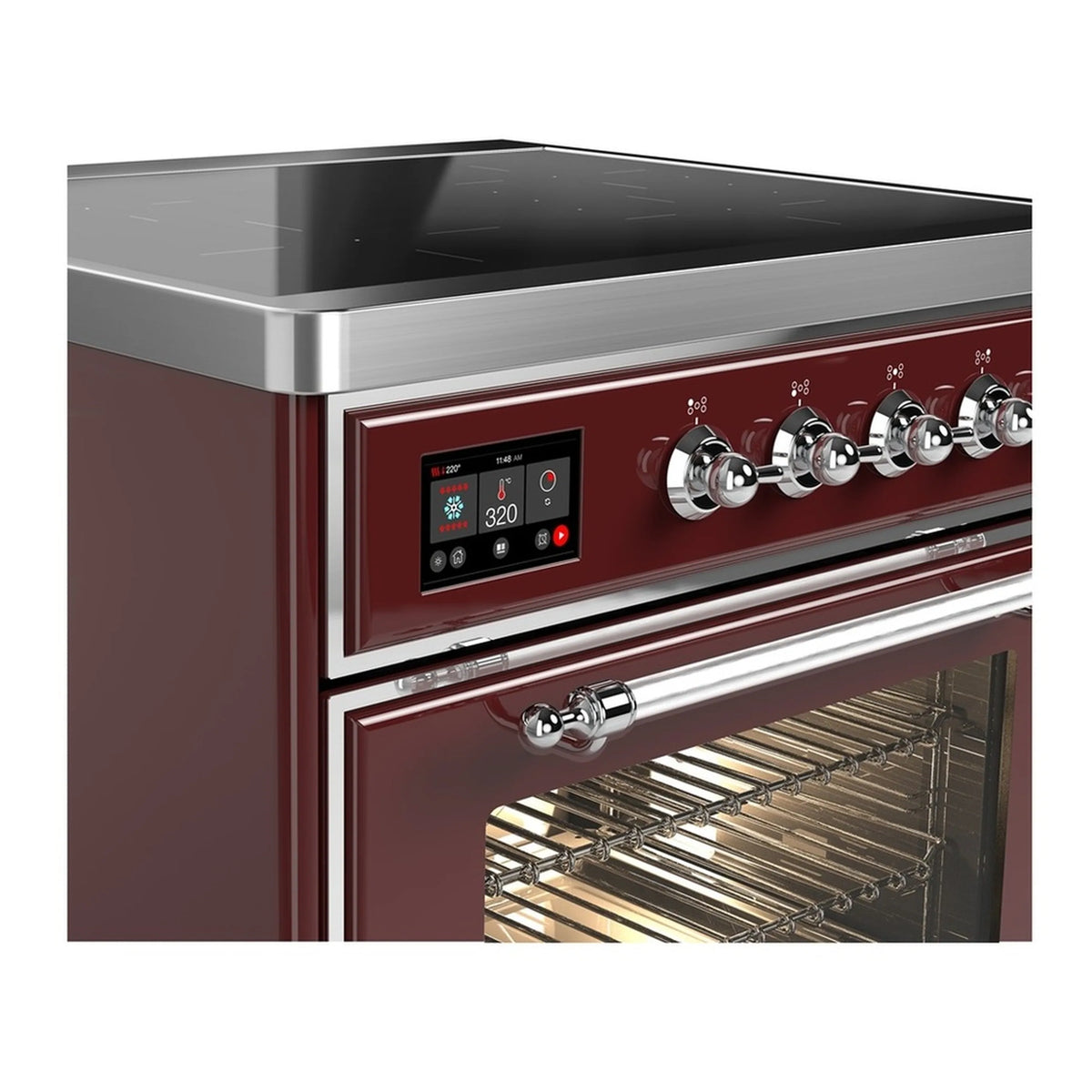 ILVE induction range control panel with chrome knobs and oven door window