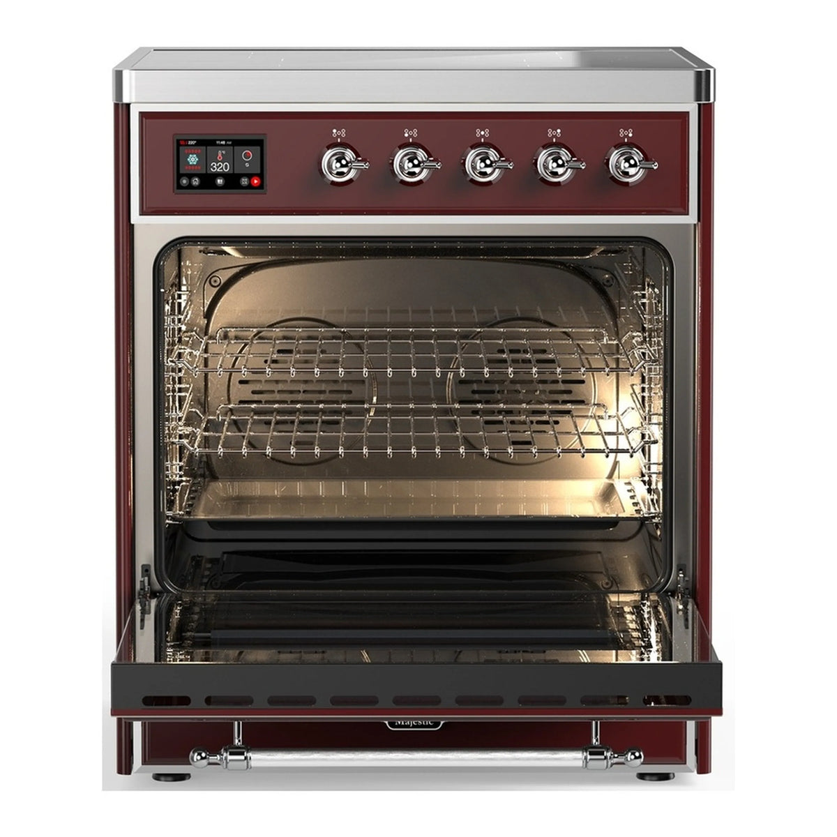 ILVE burgundy induction range with oven door open and wire rack inside