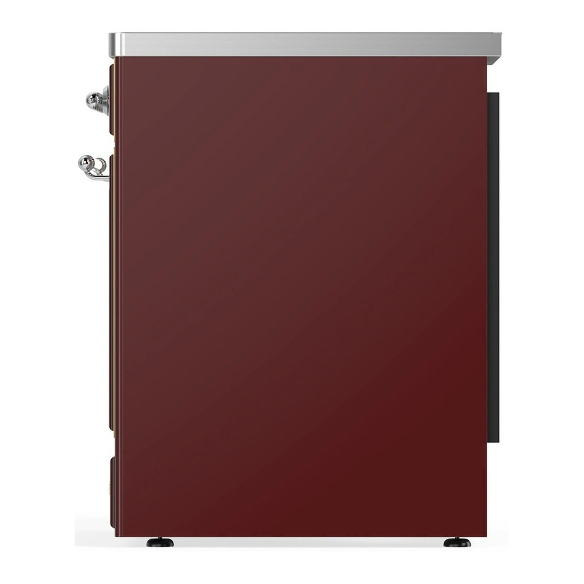 ILVE burgundy induction range side view with chrome handle and trim