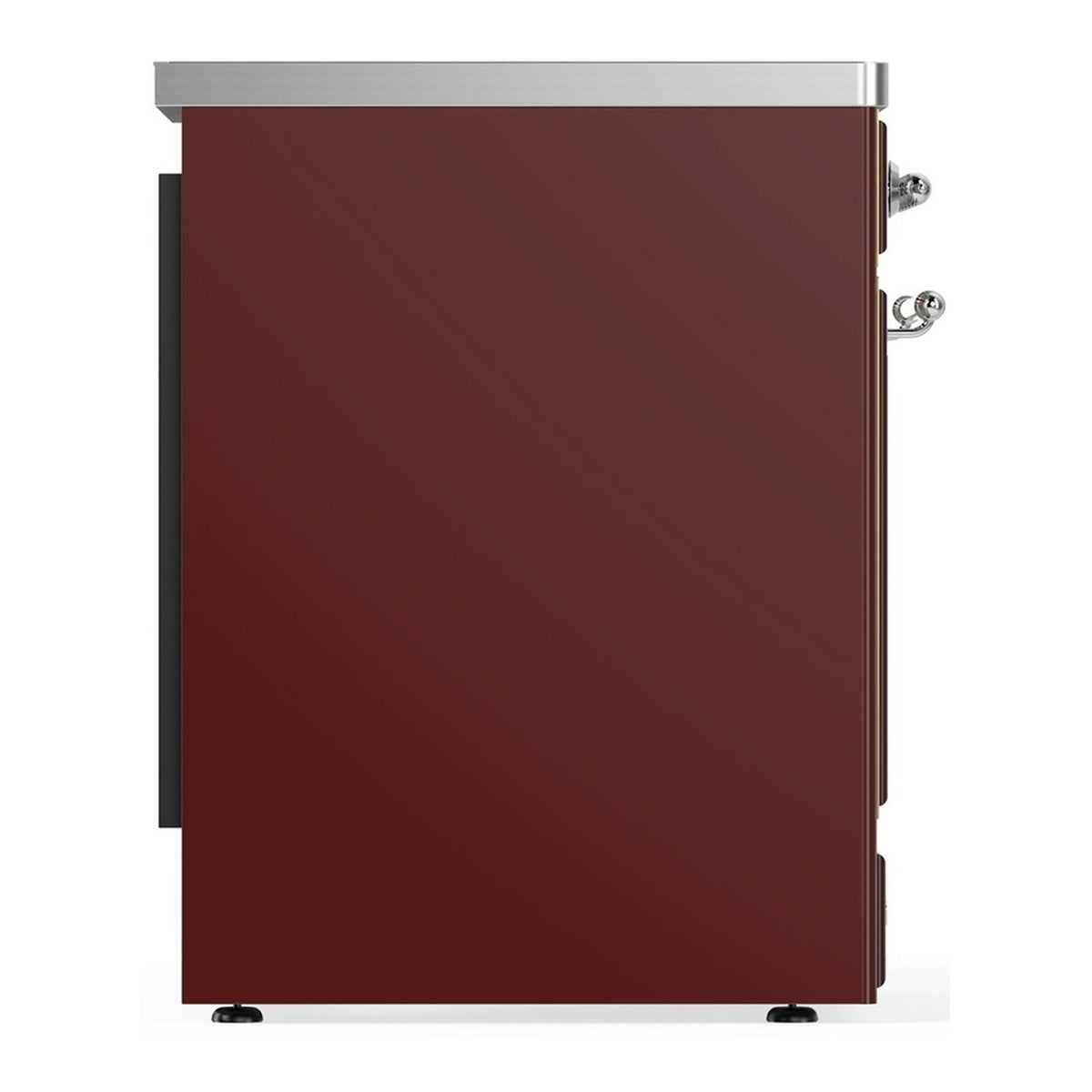 ILVE burgundy induction range side view with chrome handle and trim