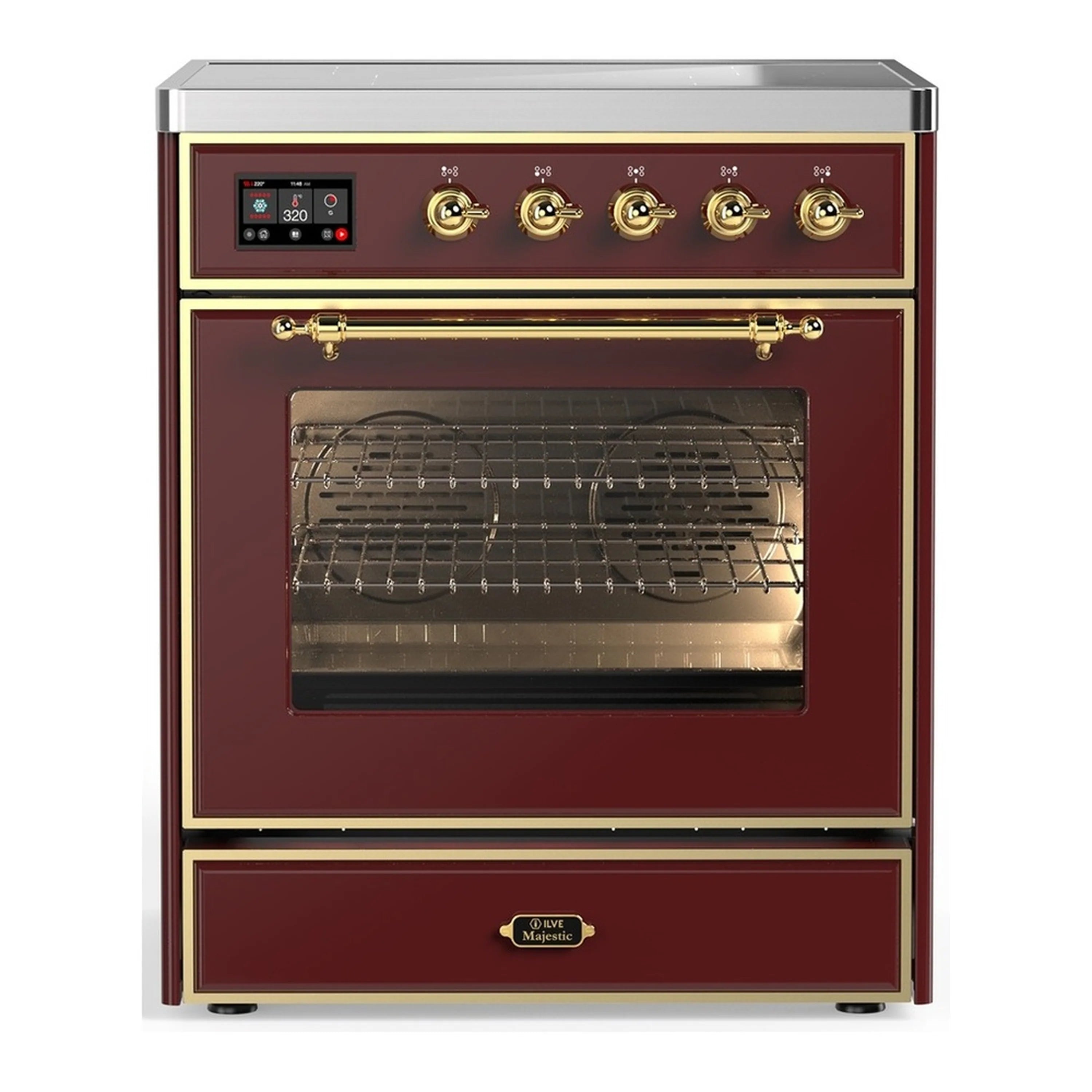 Burgundy induction range with brass trim and triple-glass oven door, front view