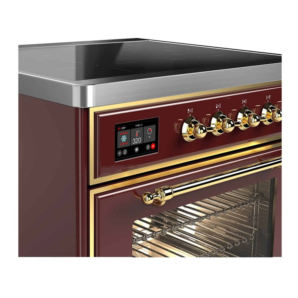 Burgundy induction range control panel with brass knobs and display, side close-up