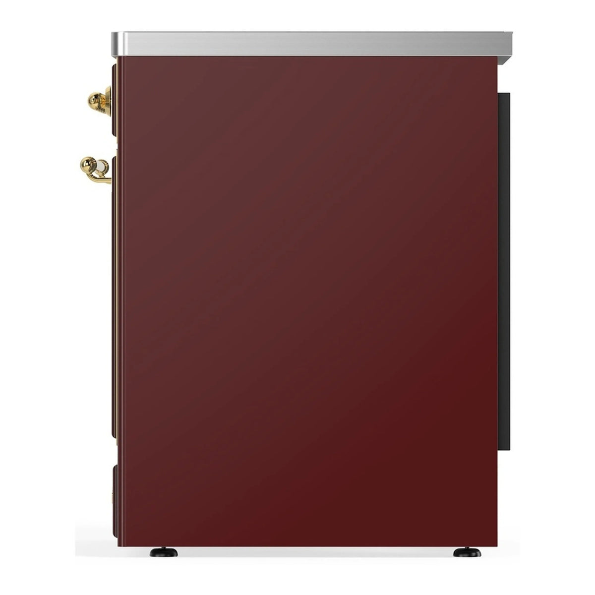 Burgundy induction range with brass handle and side door, right-side view