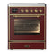 ILVE Majestic III 30-Inch Induction Range with 4 Induction Elements and Triple Glass Door Electric Oven in Burgundy with Brass Trim (UMIB30NR3BUG)