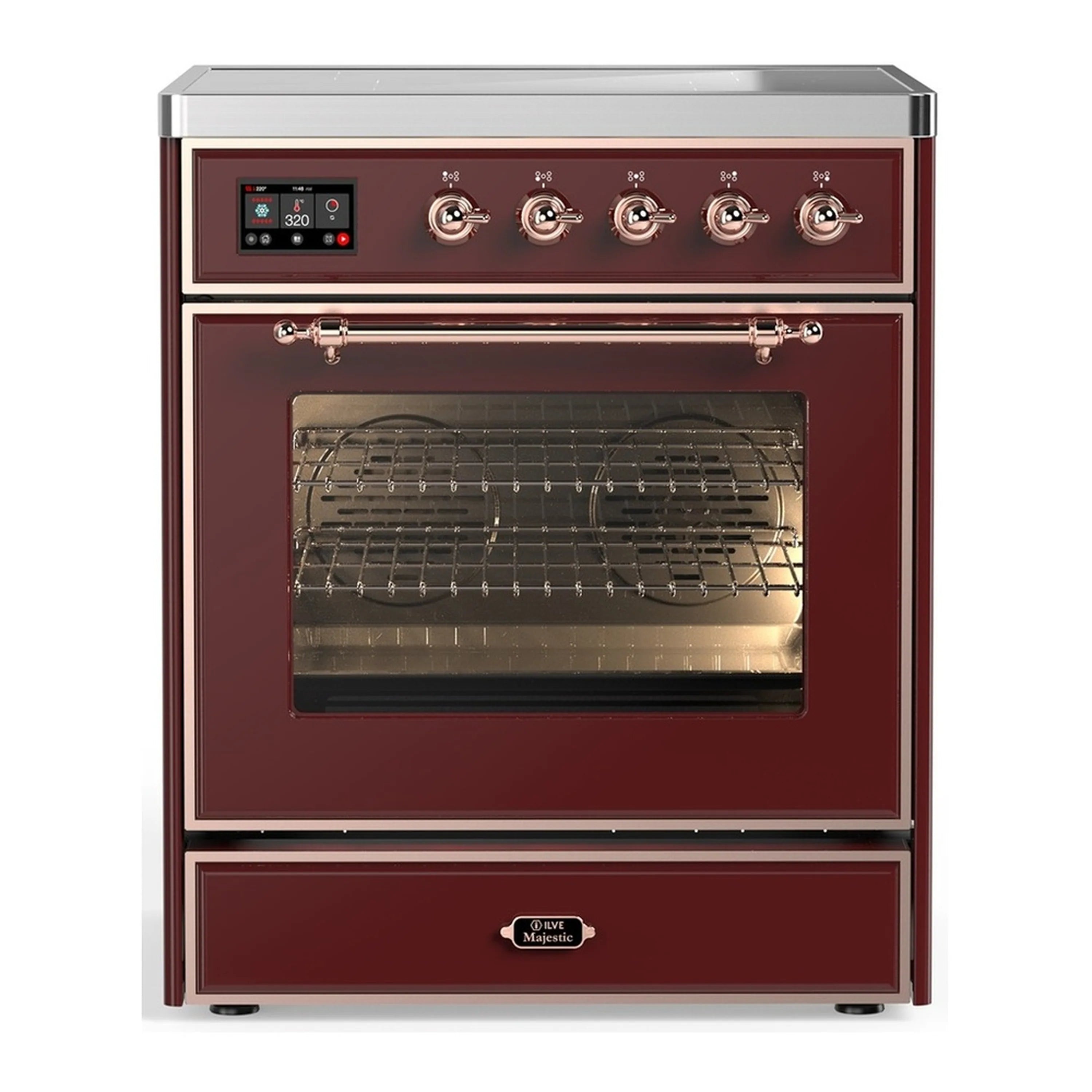 Burgundy induction range with copper trim, control panel, and triple-glass electric oven door