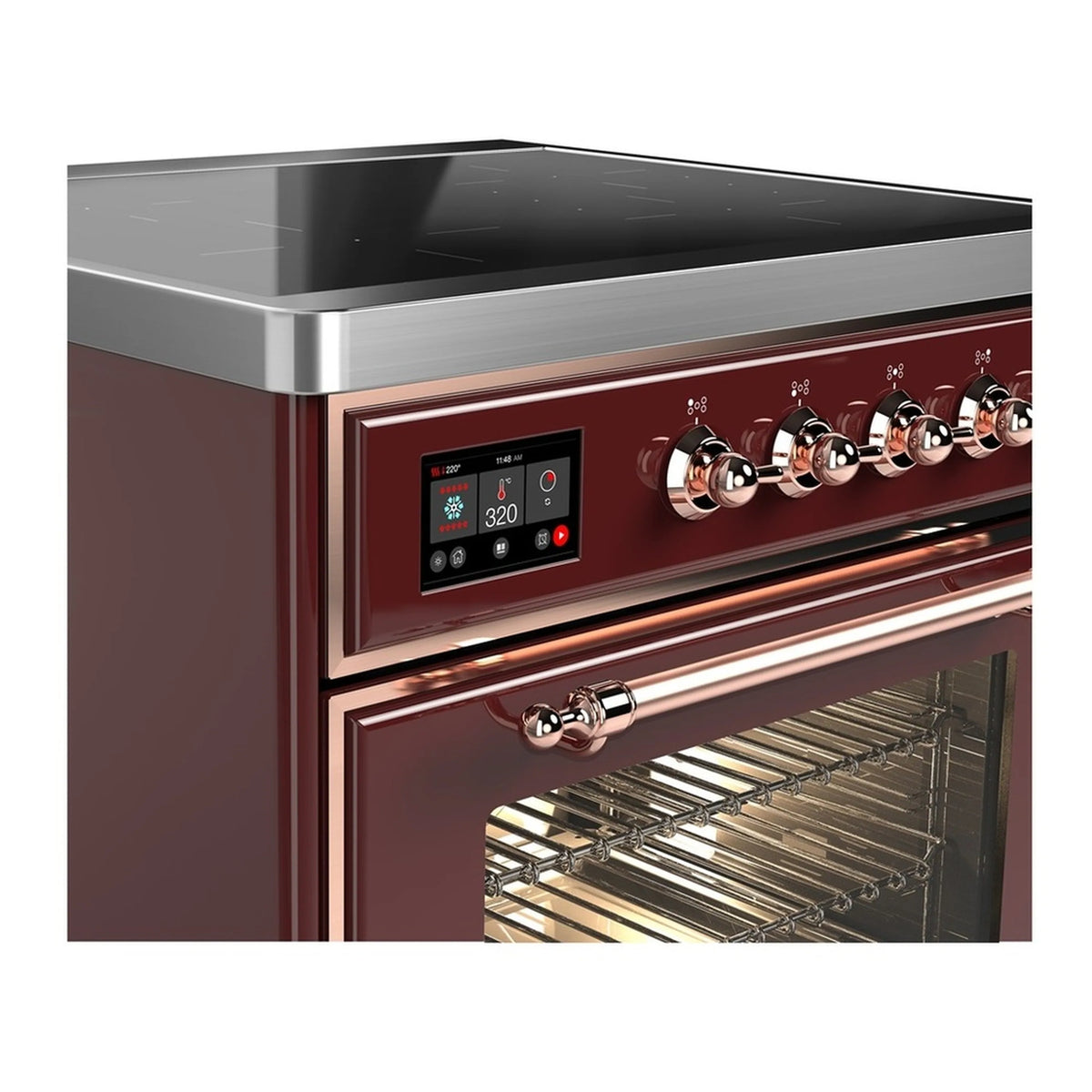 Burgundy induction range front with copper knobs, control display, and oven window