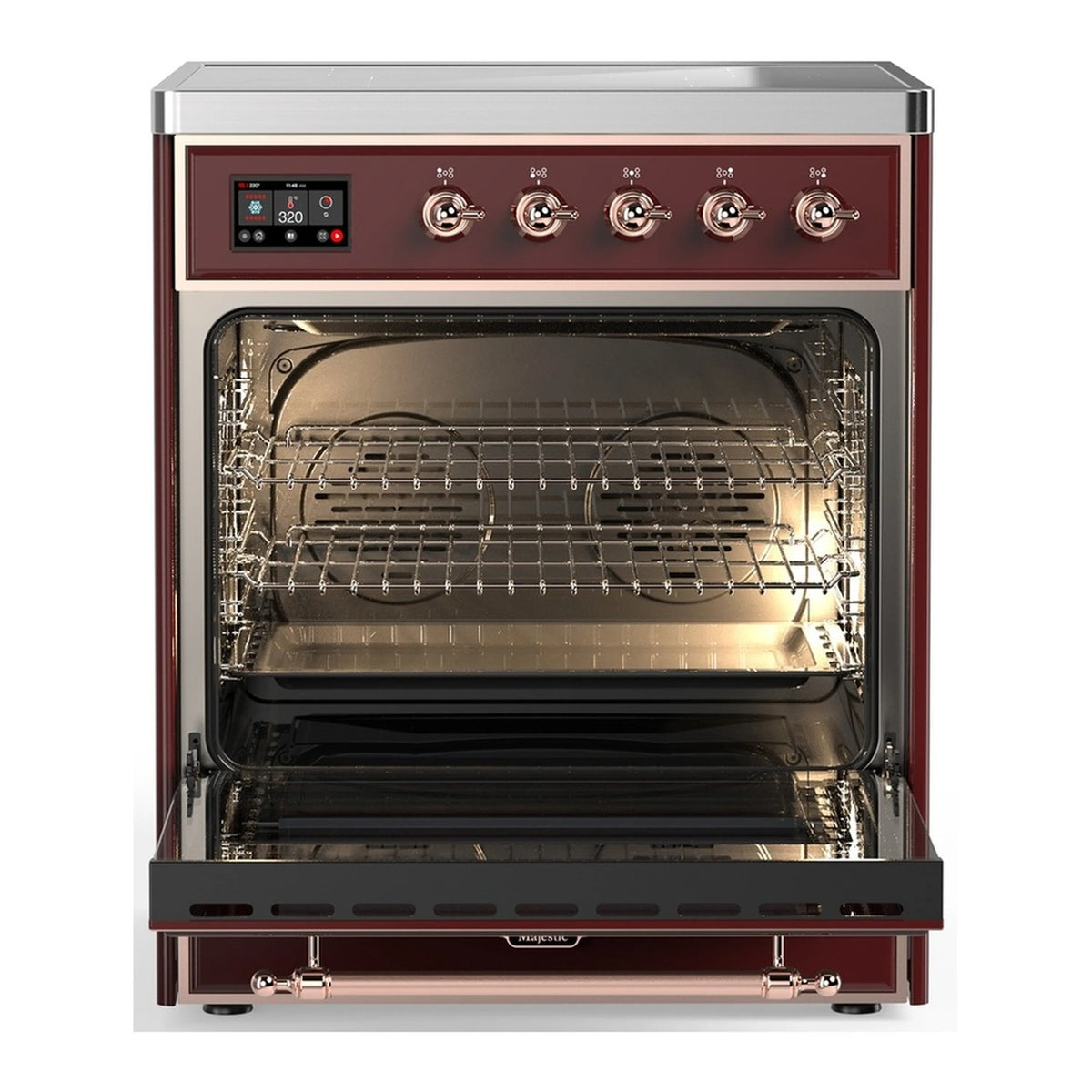 Burgundy electric oven with interior racks and glass door, showing heating element and trays