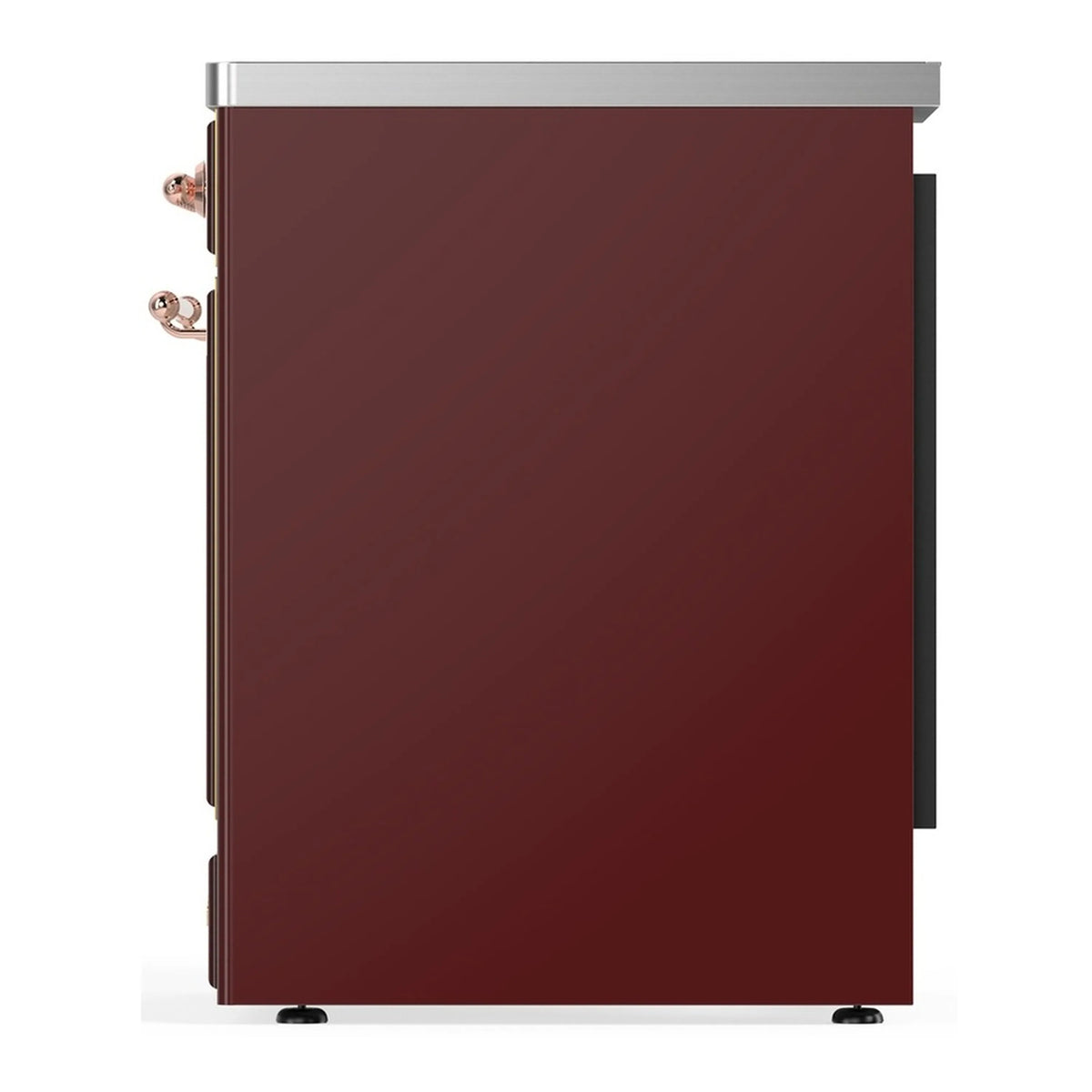Burgundy range side view with copper handle and stainless top panel
