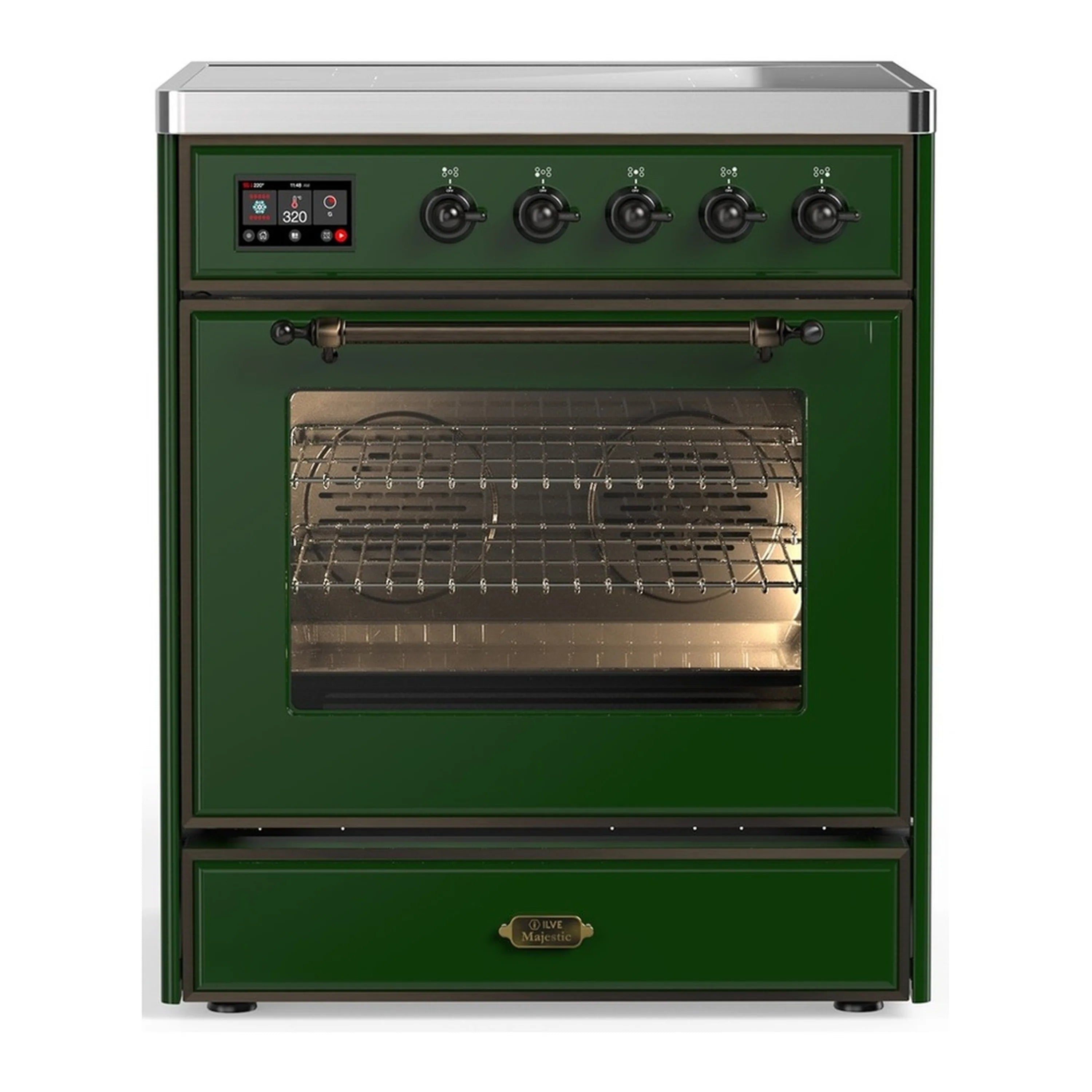 Emerald green induction range with 4 glass-top cook zones and large electric oven door