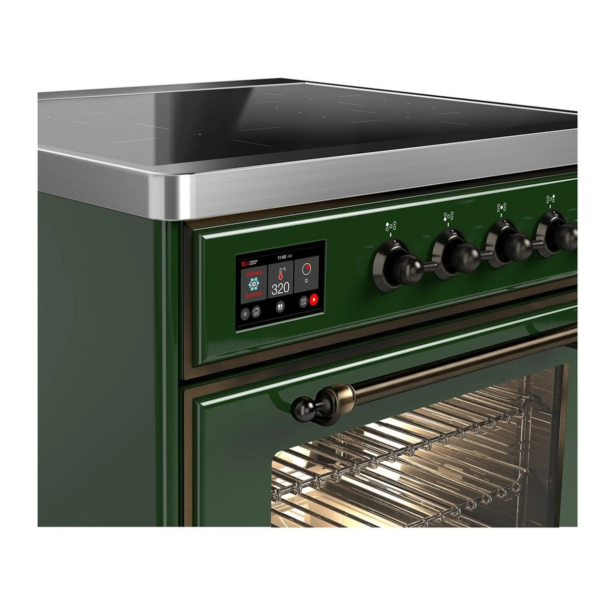Induction range control panel with knob controls, digital display, and oven handle