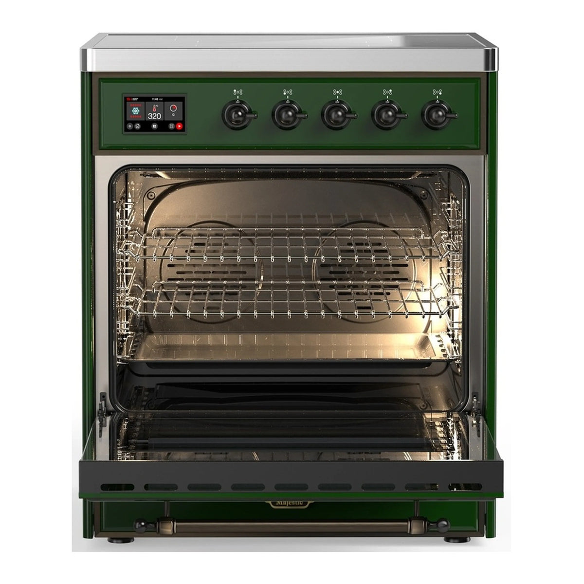 Emerald green electric oven with triple-glass door open and wire rack on lower racks
