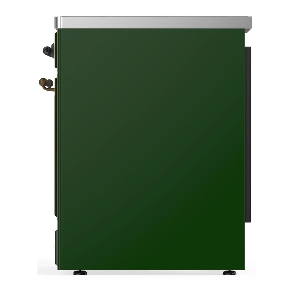 Emerald green induction range side panel with stainless top and burner control knobs