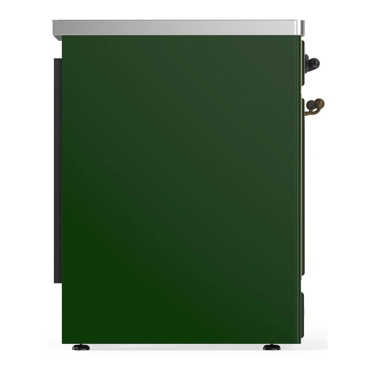 Emerald green induction range rear view with stainless top and side handles