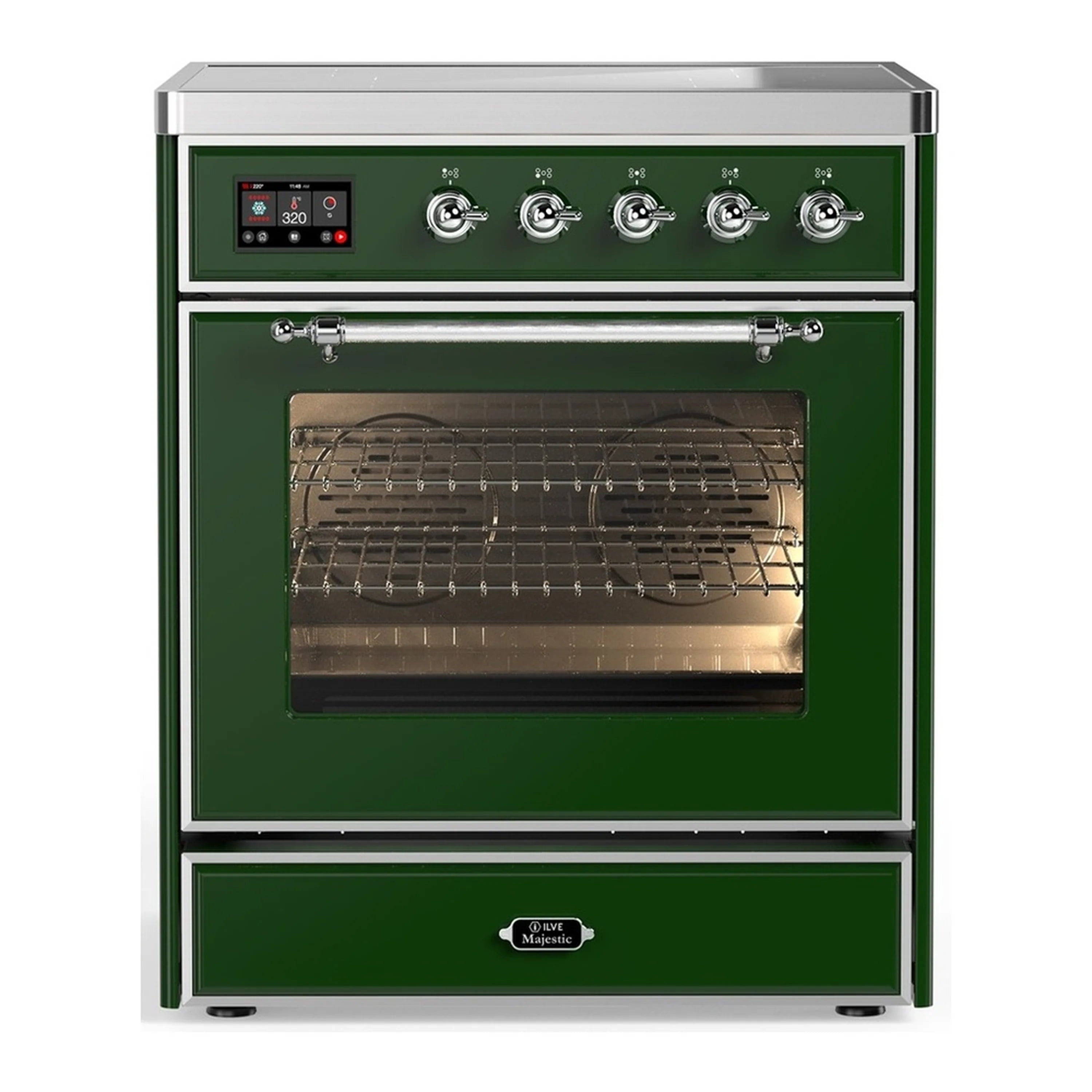 Emerald green induction range with chrome trim, controls, and triple glass oven door