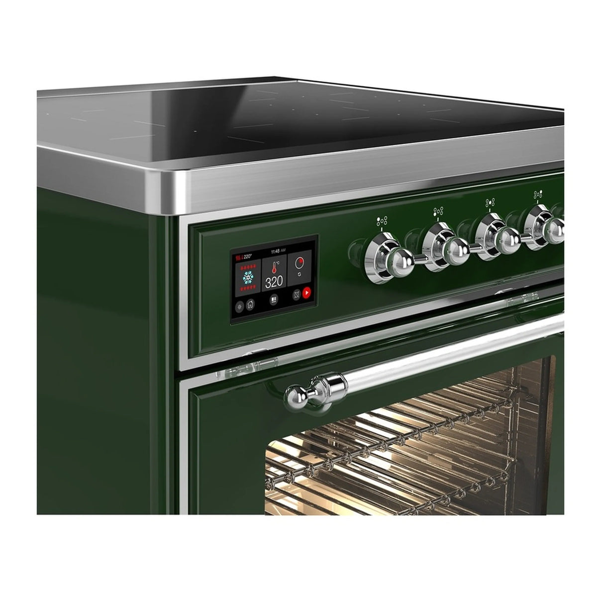 Emerald green induction range top controls with chrome knobs and open oven door view