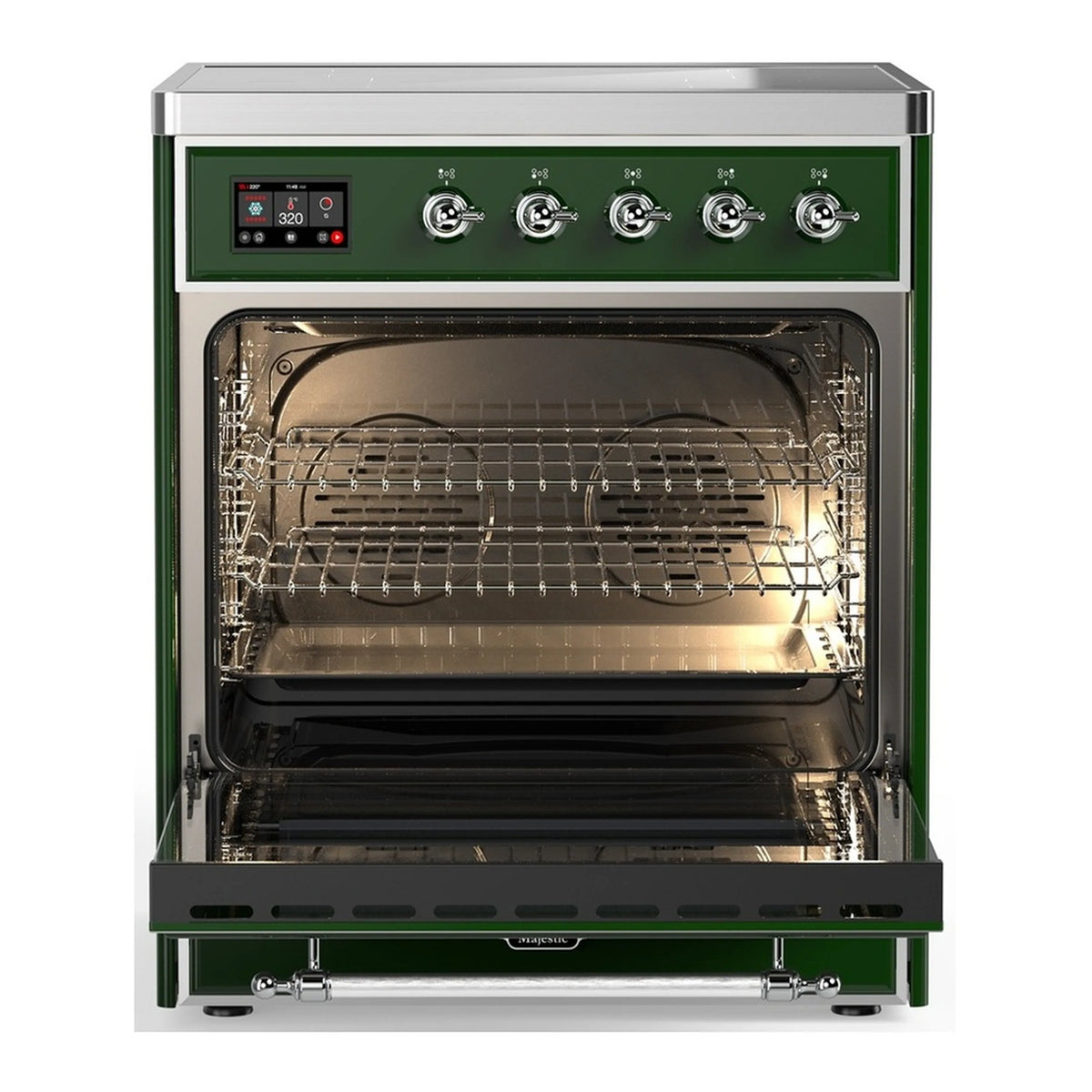 Emerald green induction range with open oven door and wire racks inside