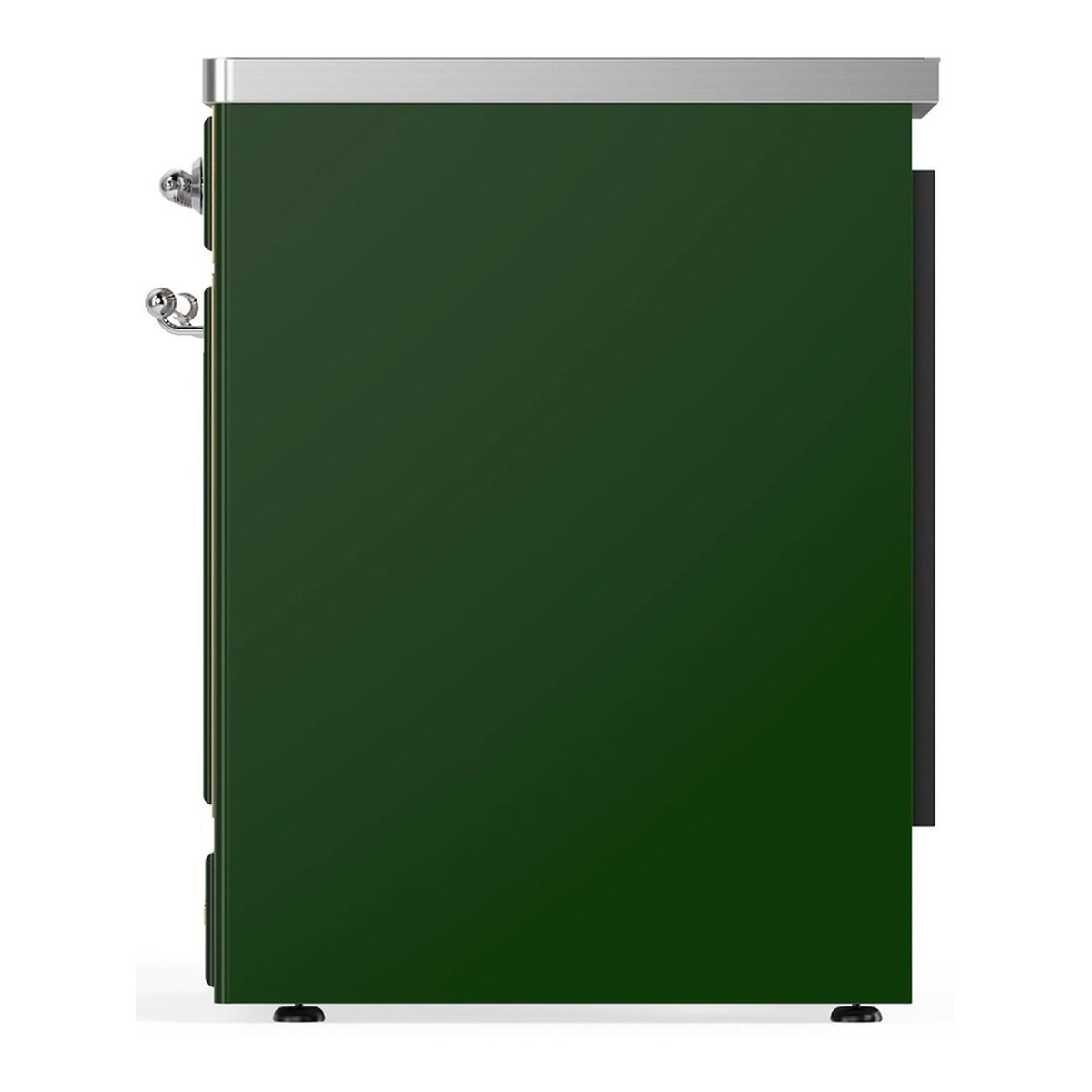 Emerald green induction range side panel with chrome trim and handle