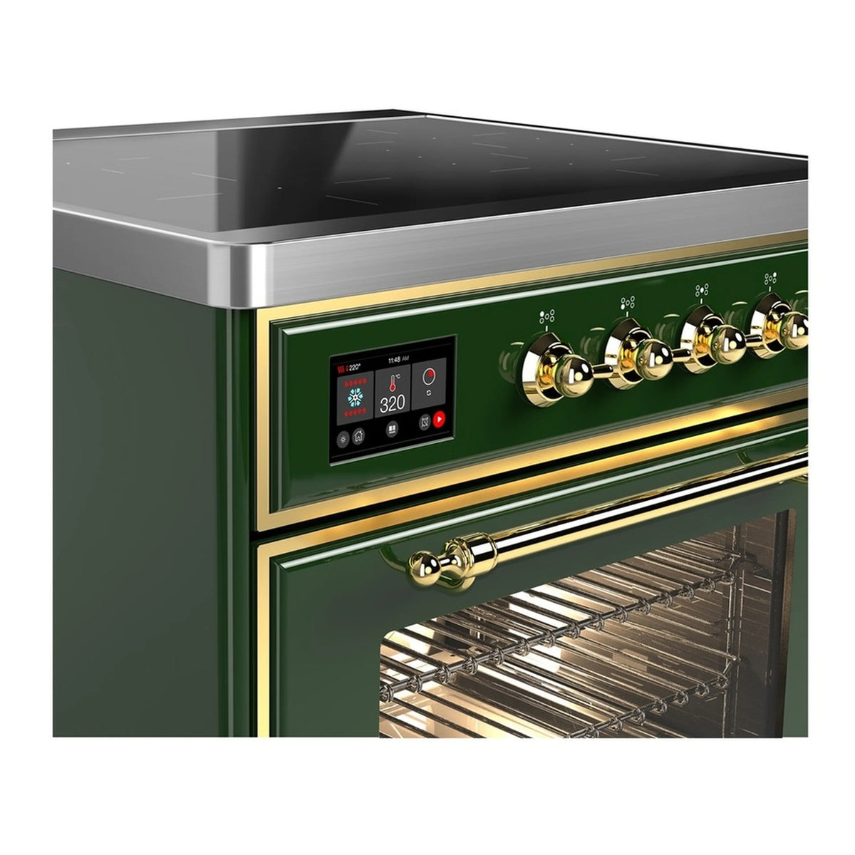 Emerald green induction range front panel with brass knobs and digital display