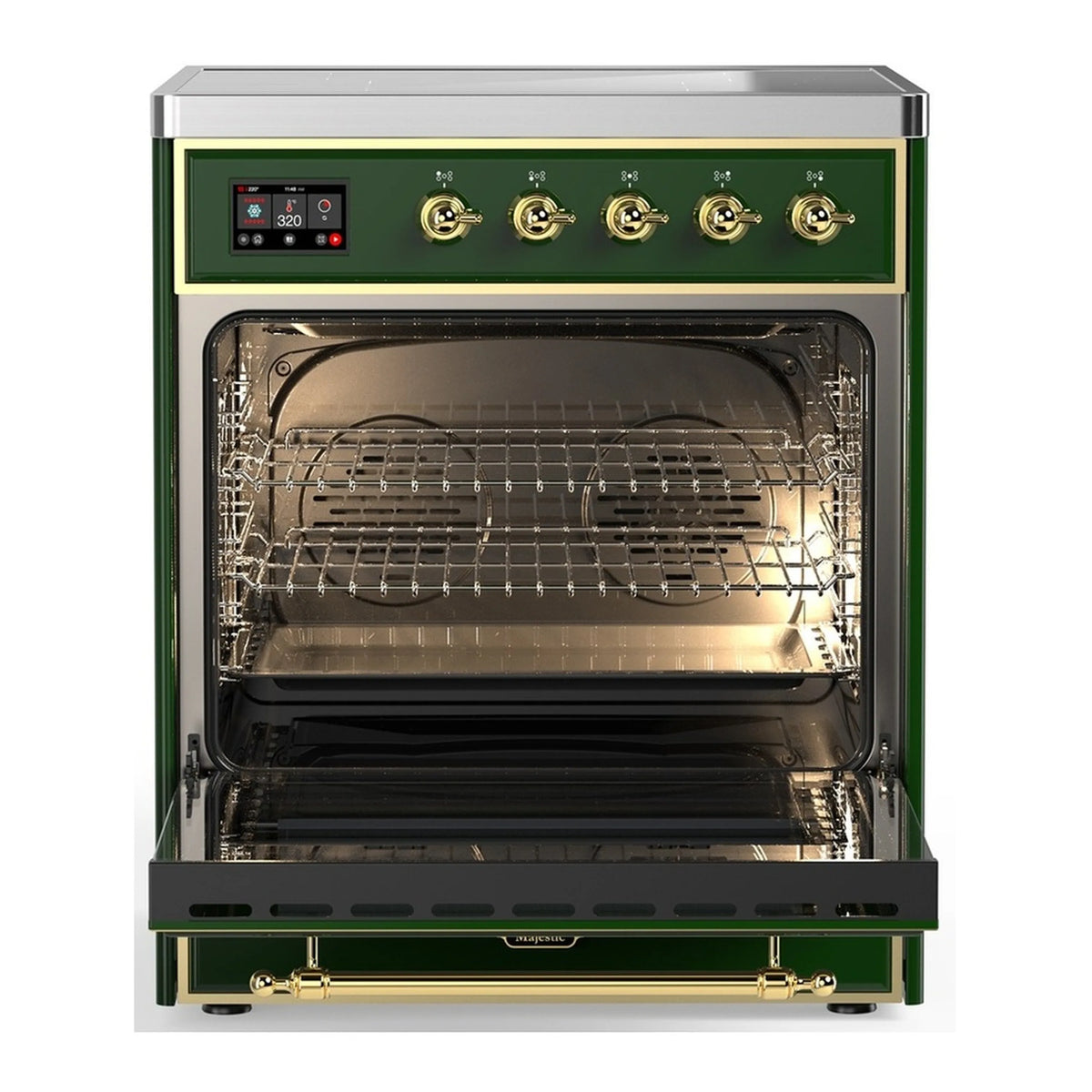 Emerald green oven cavity with racks and open triple-glass door