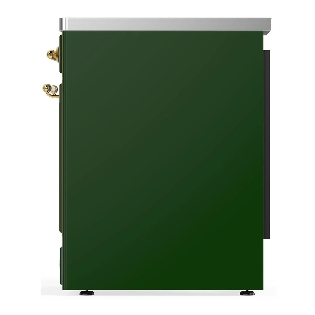Emerald green induction range door panel with stainless top and brass handle