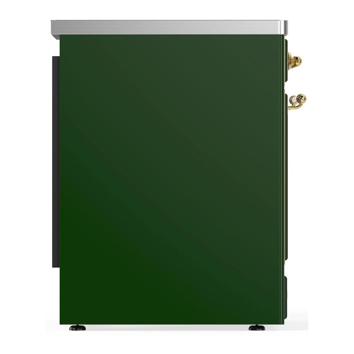 Emerald green induction range side panel with brass handle and stainless top