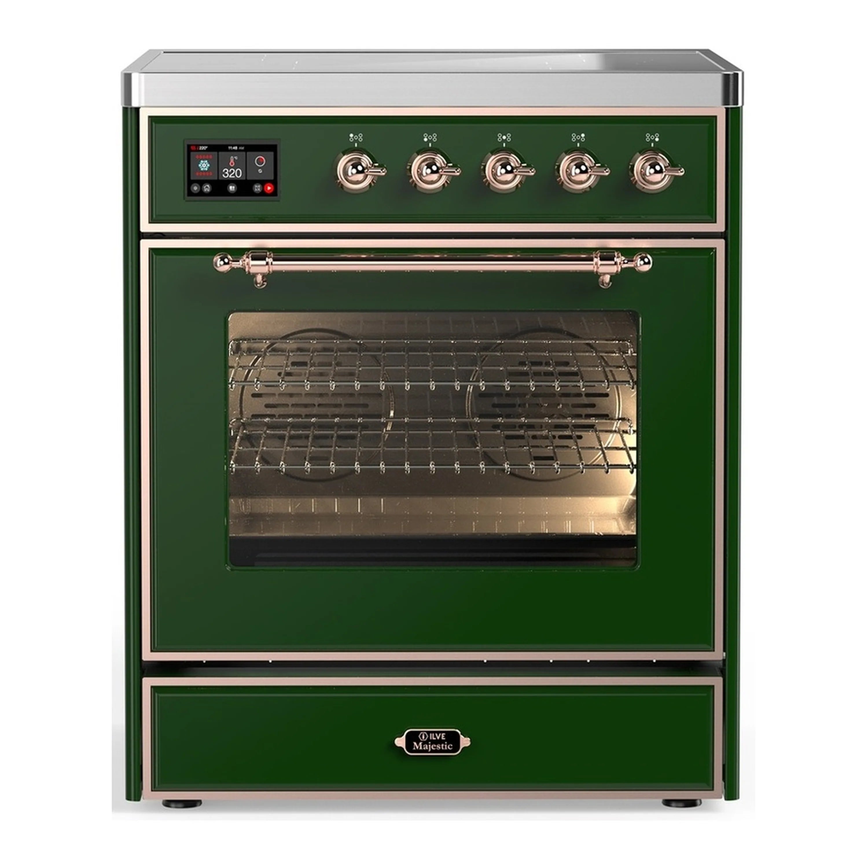 Emerald green induction range with copper-trim control panel and four knobs, triple glass oven
