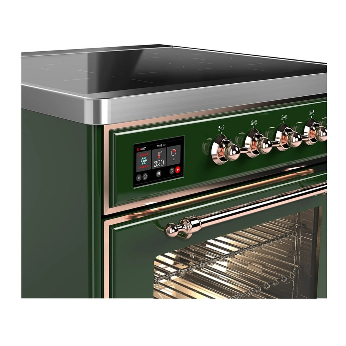 Emerald green induction range top with copper-trim knobs and open oven door window