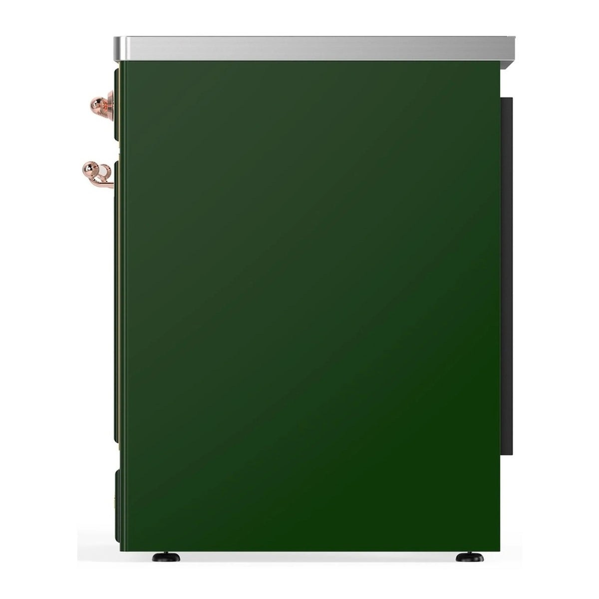 Emerald green induction range back panel with copper handle and stainless top
