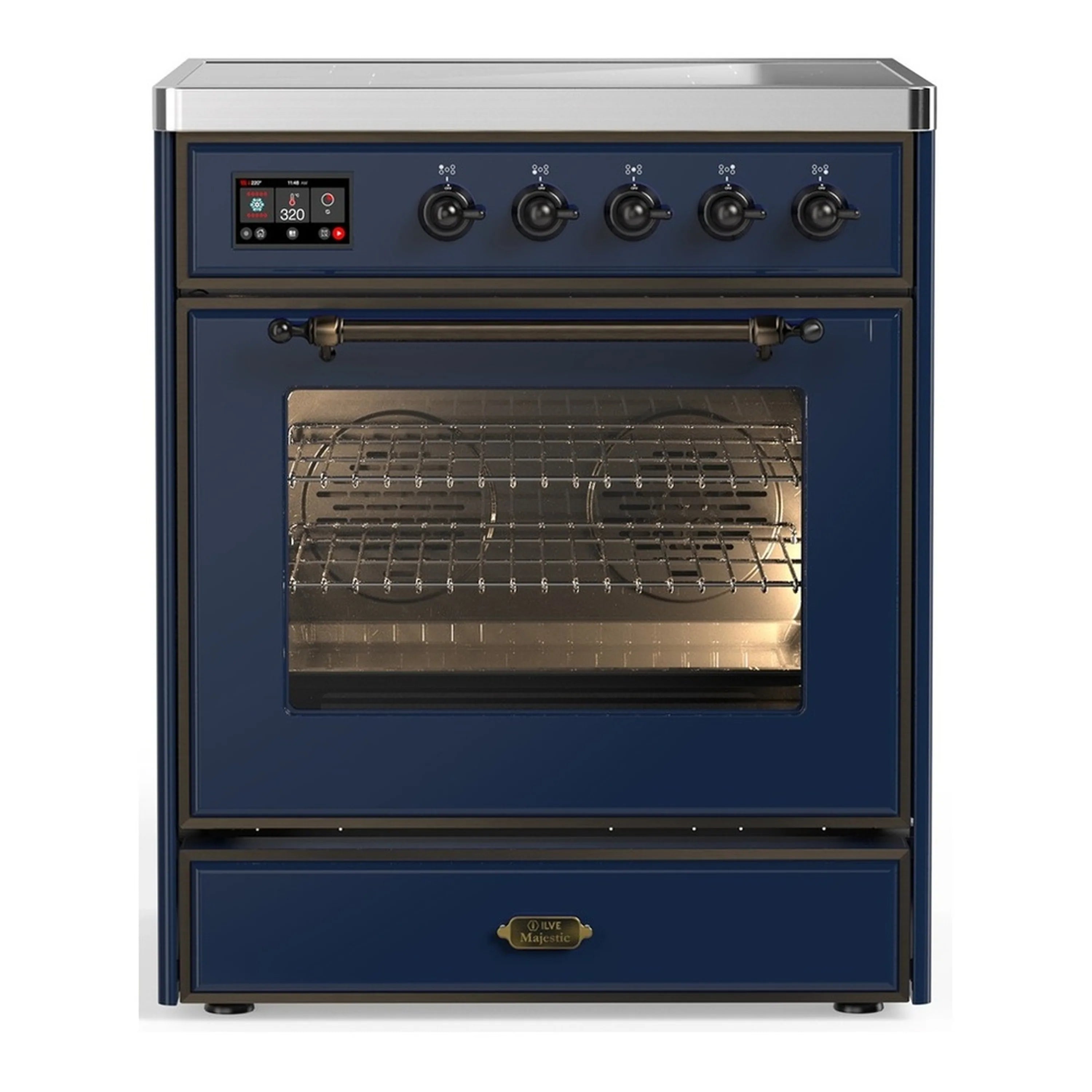 Induction range with midnight blue oven door and control knobs