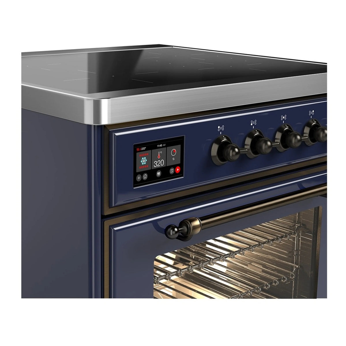 Induction range control panel with blue display and brass oven handle