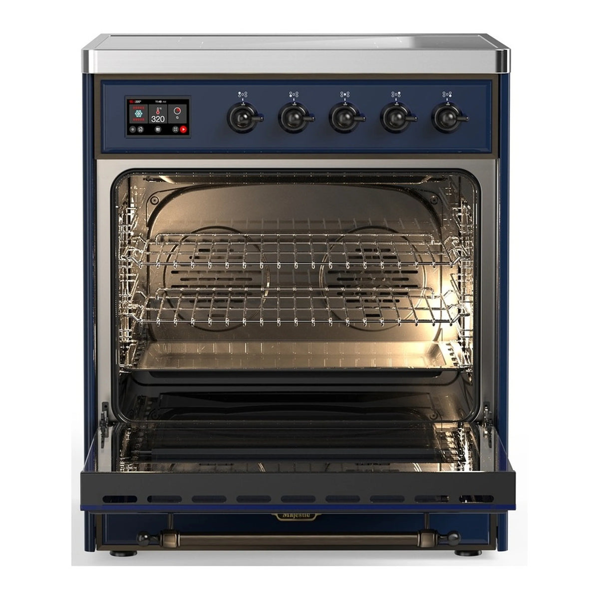 Induction range with open oven showing wire rack and lit interior