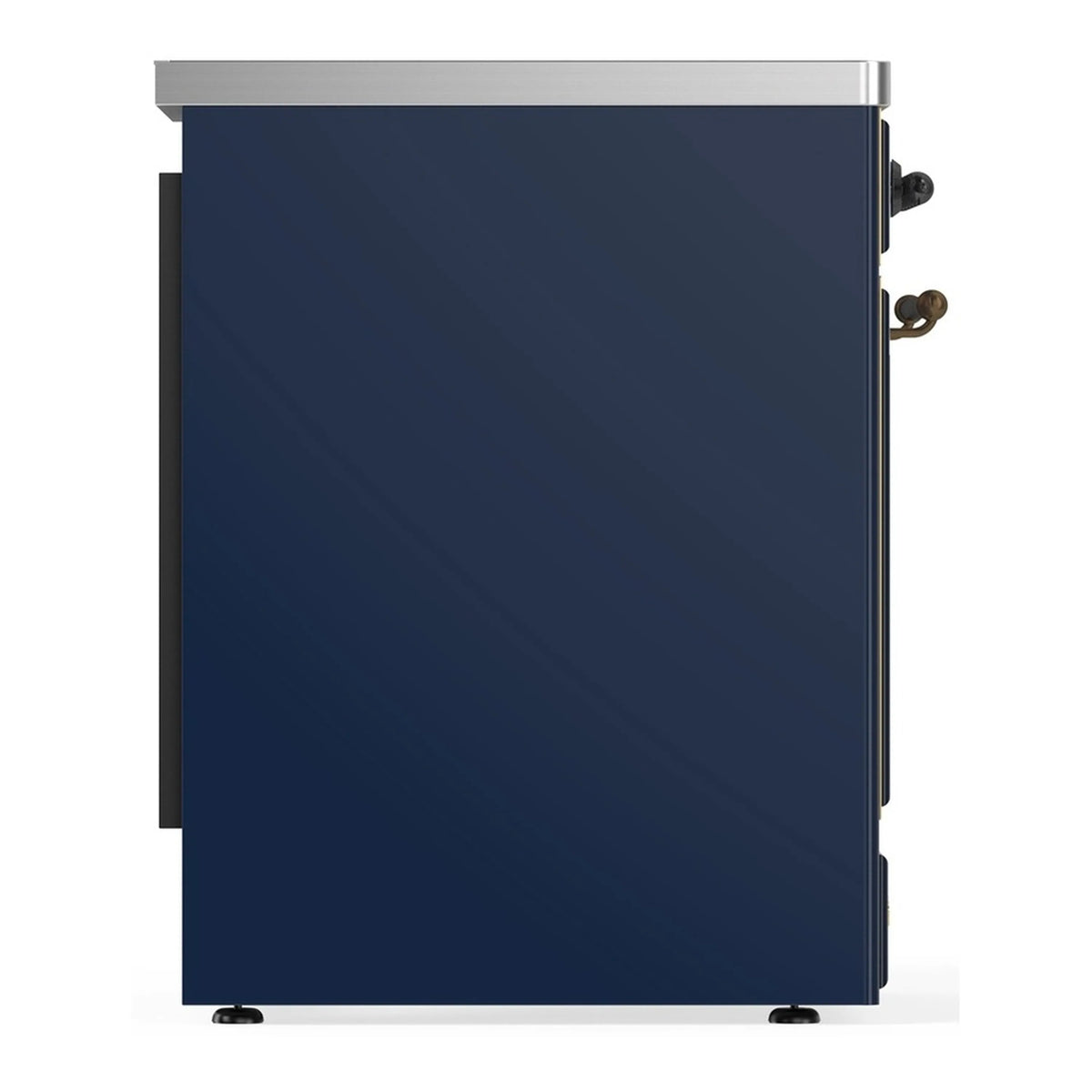 Induction range with midnight blue rear side panel and side handles