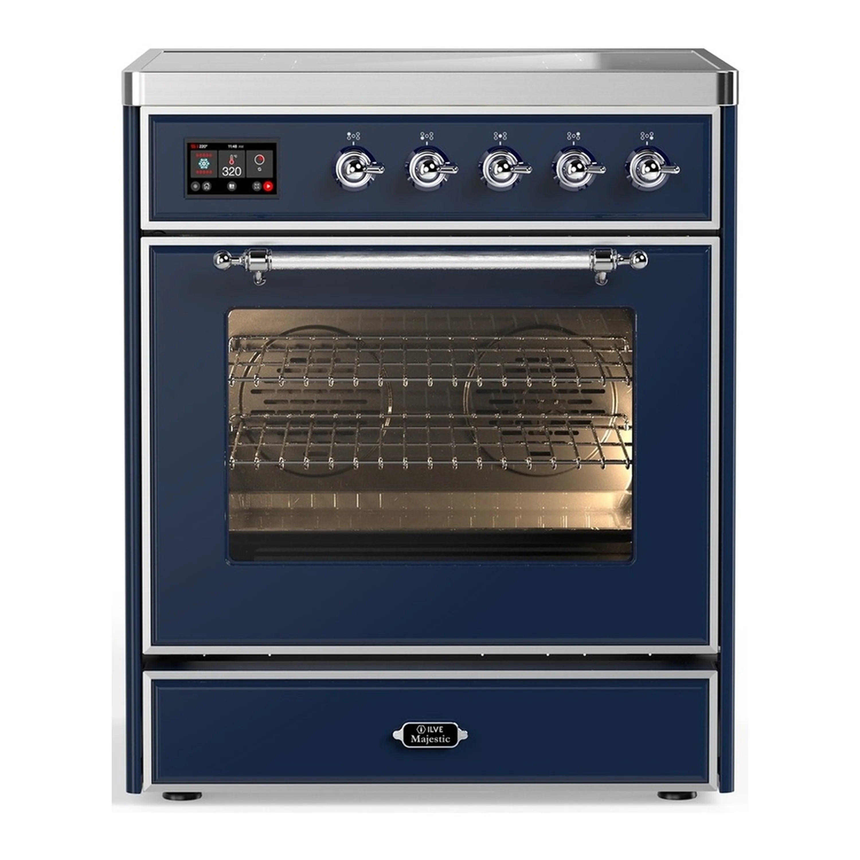 ILVE induction range in midnight blue, chrome knobs, open triple-glass oven door