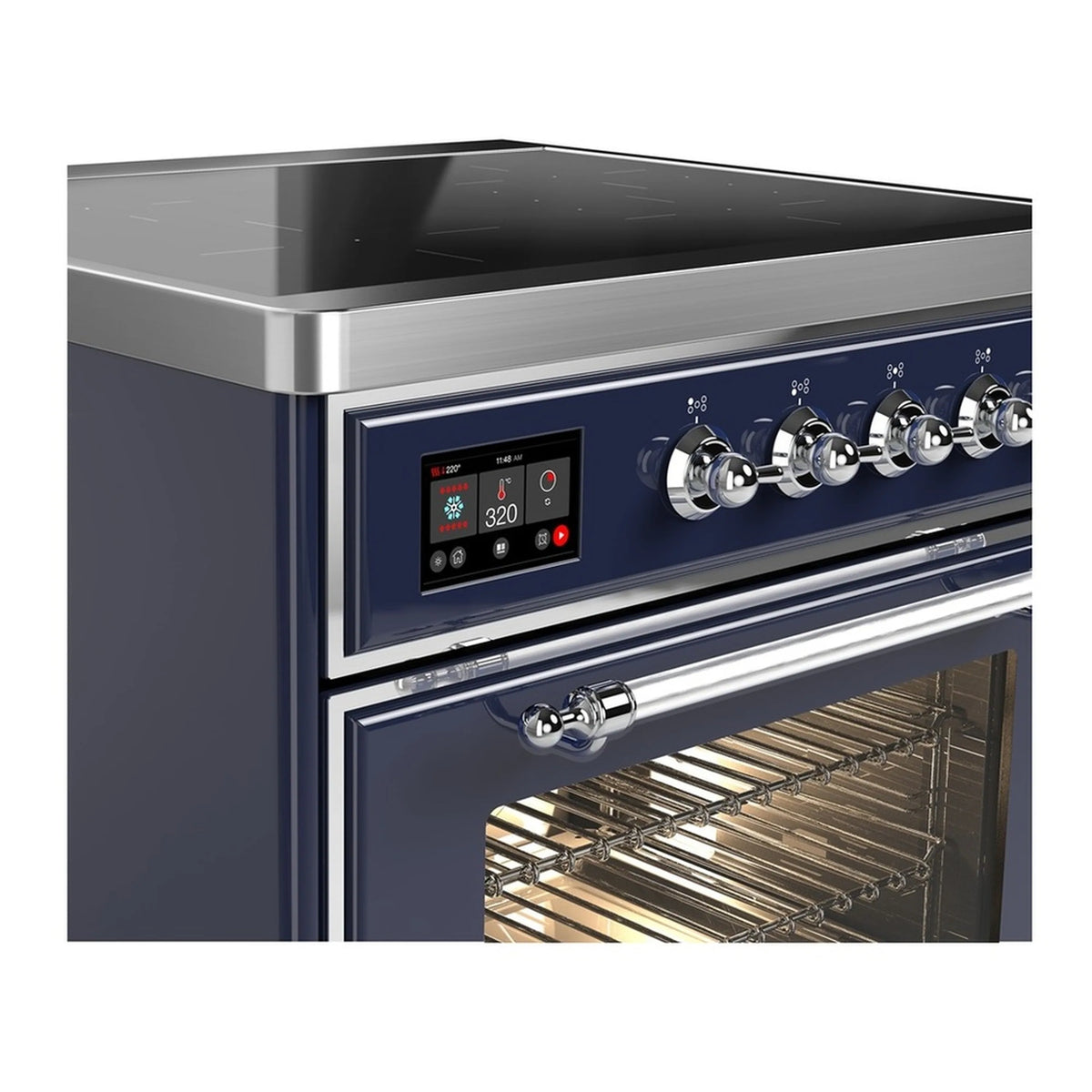 Midnight blue induction range control panel with chrome knobs; oven cavity view