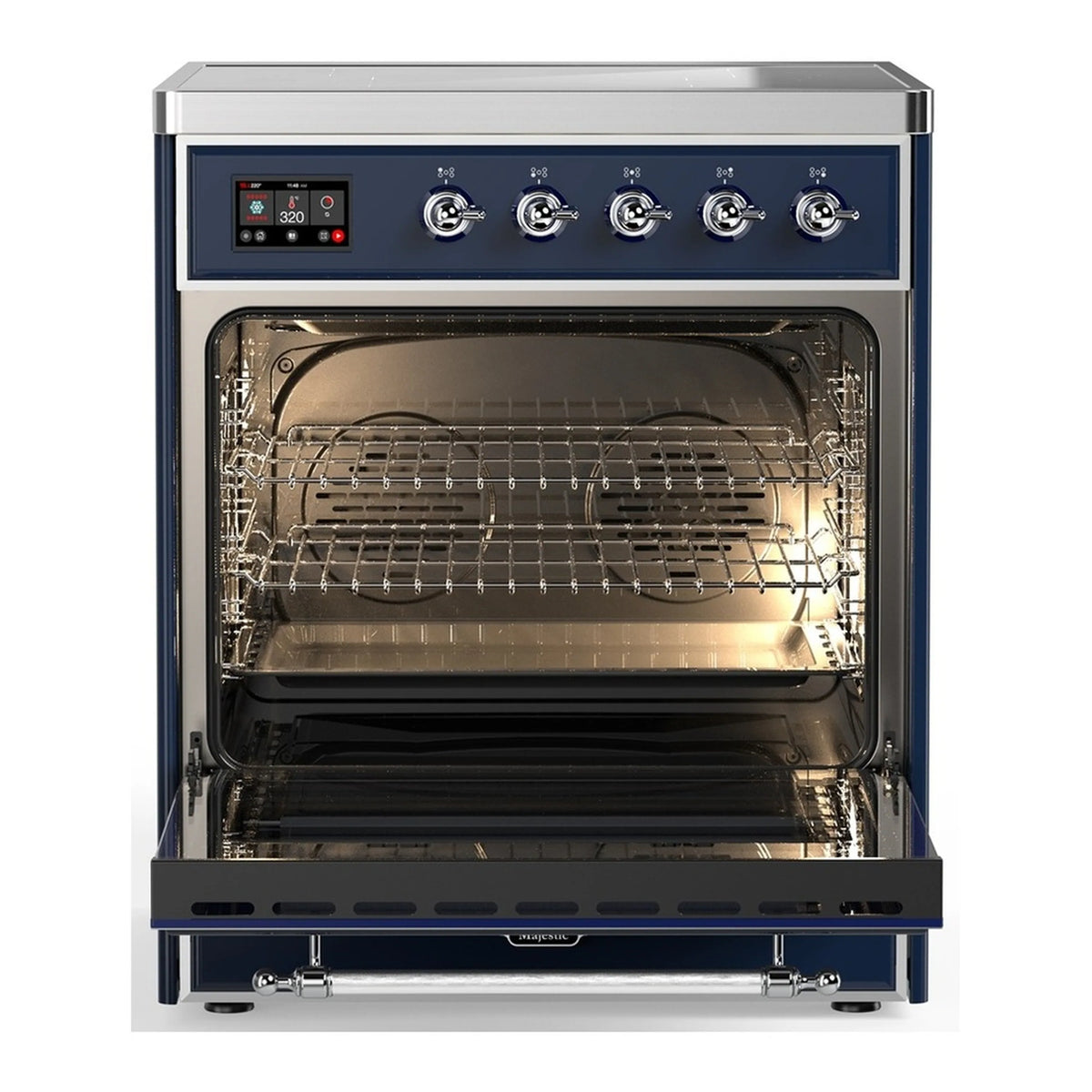 Midnight blue oven with wire racks; triple-glass door open on induction range