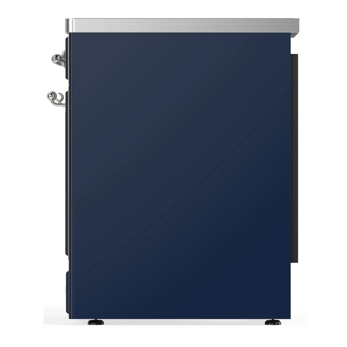Midnight blue induction range, chrome-trimmed side panel with handle hardware