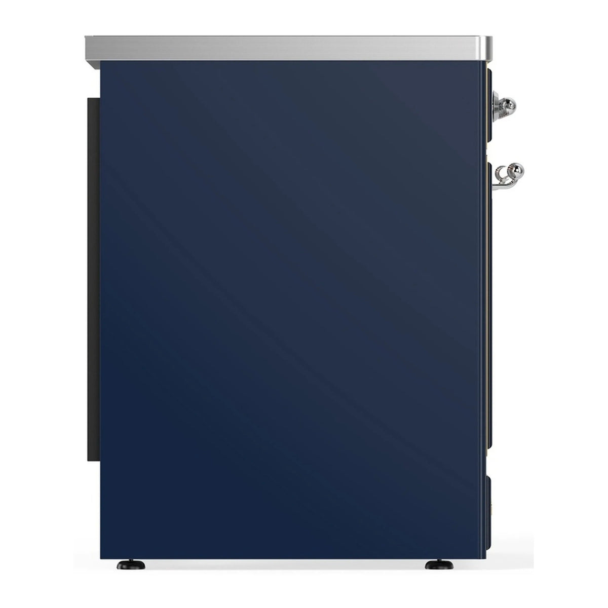 Midnight blue induction range with chrome handle and chrome-trimmed top edge