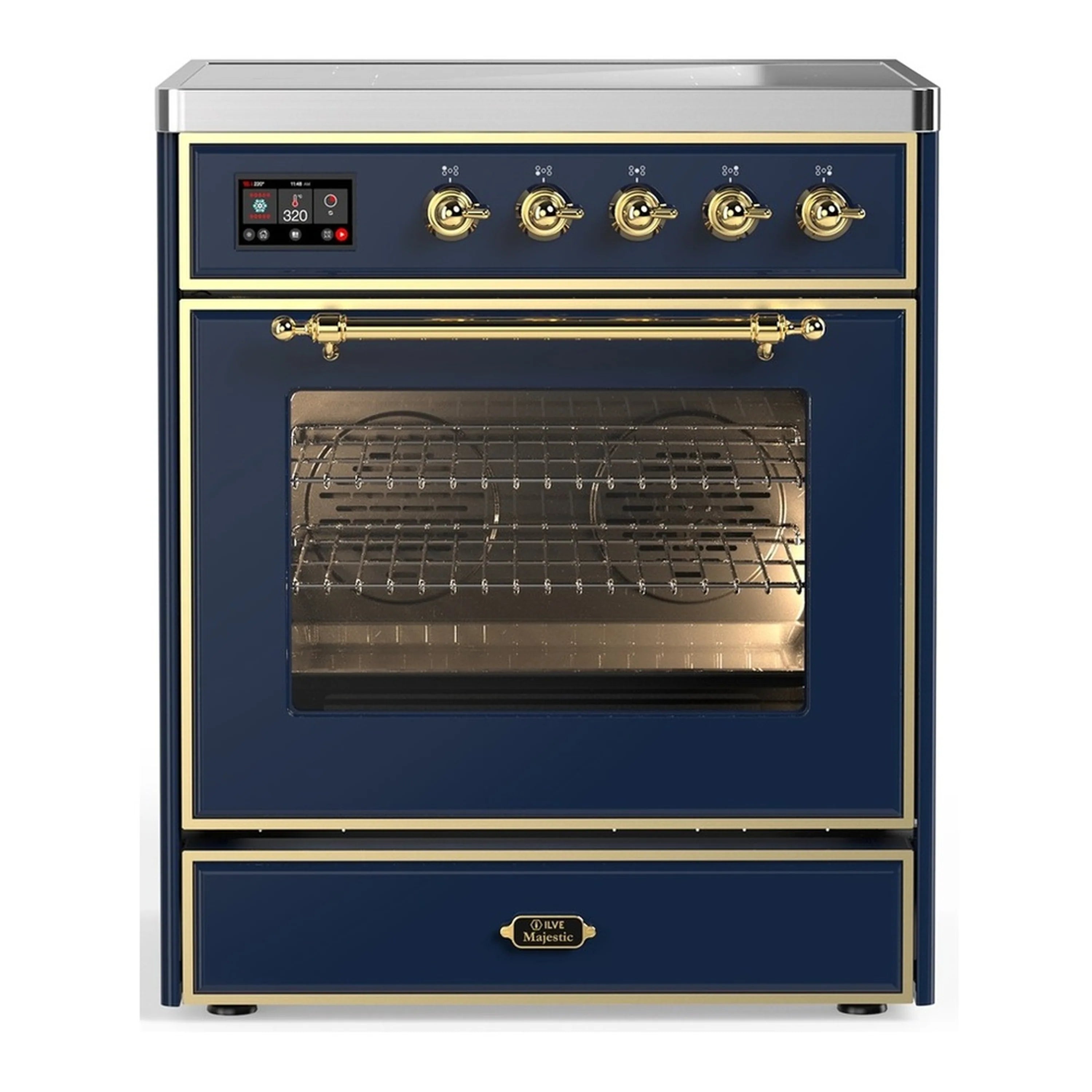 Midnight blue induction range with brass trim; open electric oven door and knobs